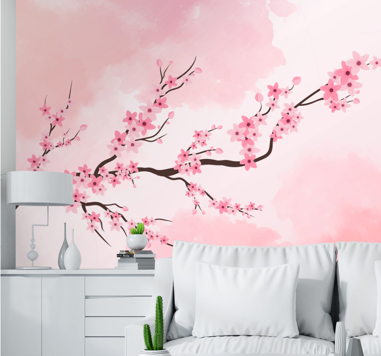 Cartoon tree with pink flowers wall mural - TenStickers