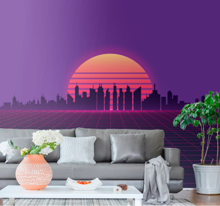 City wall mural sunset cityscape silhouette - TenStickers