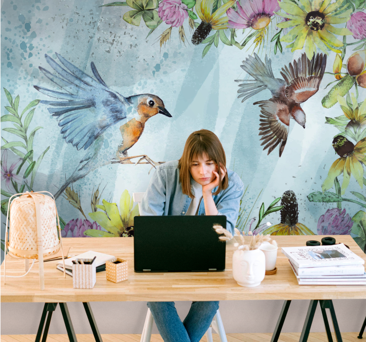 Colorful floral birds office wall mural - TenStickers
