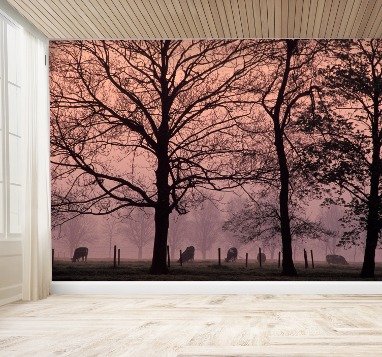Cow's pasture in fog tree wall mural - TenStickers