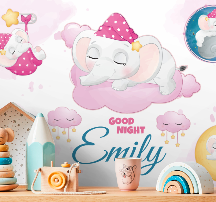 Cute elephant for girl with name Nursery Mural - TenStickers
