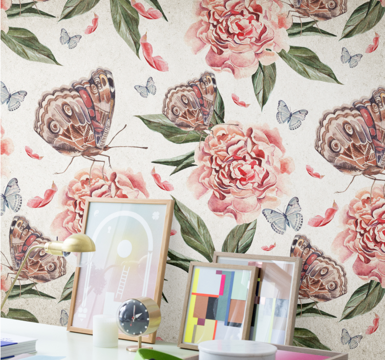 Flower wall mural butterflies and peonies - TenStickers