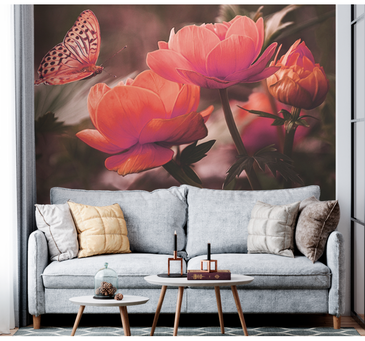 Flower wall mural butterfly above blossoms - TenStickers