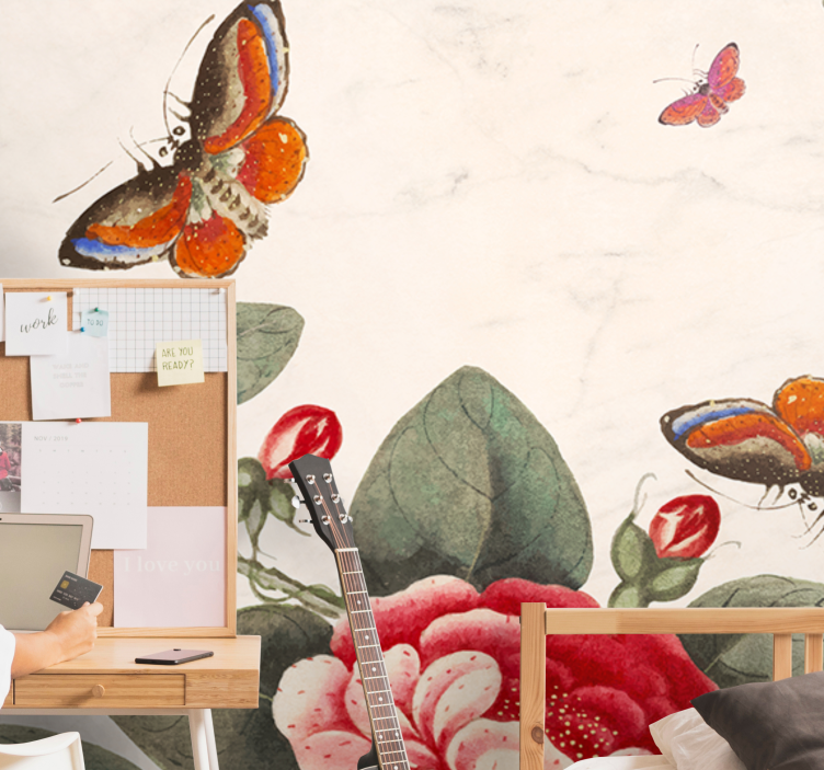 Flower wall mural with fluttering insects and blossoms - TenStickers