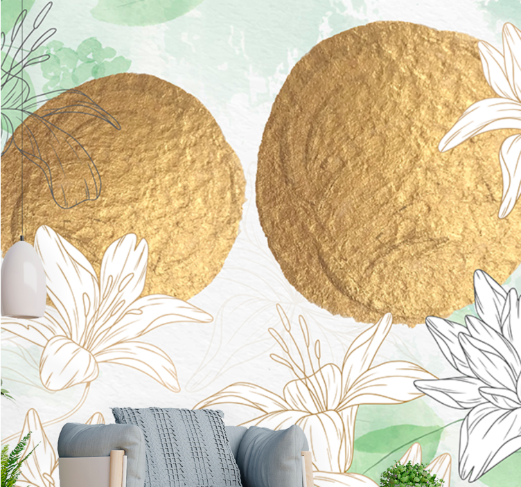 Flower wall mural with golden floral accents - TenStickers