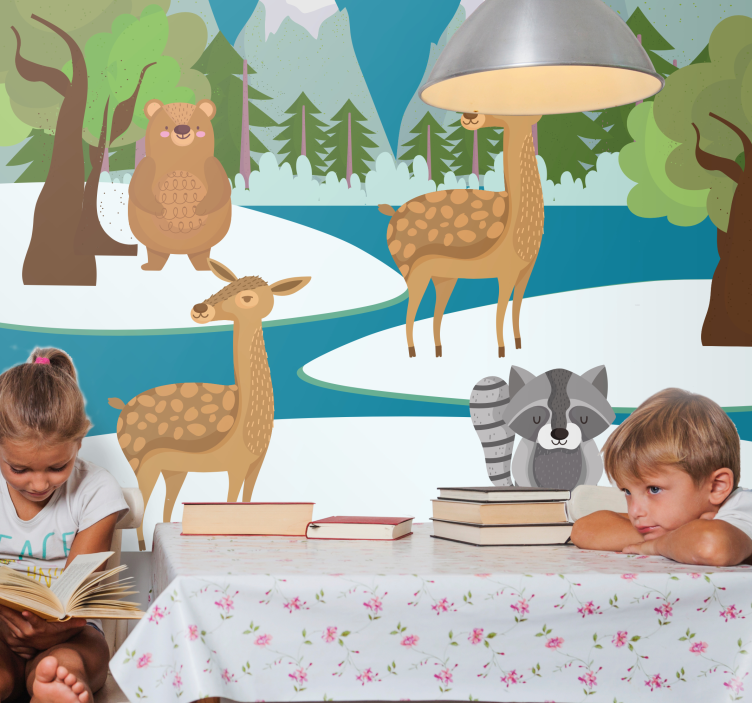 Drawn forest animal scene childrens wall mural - TenStickers