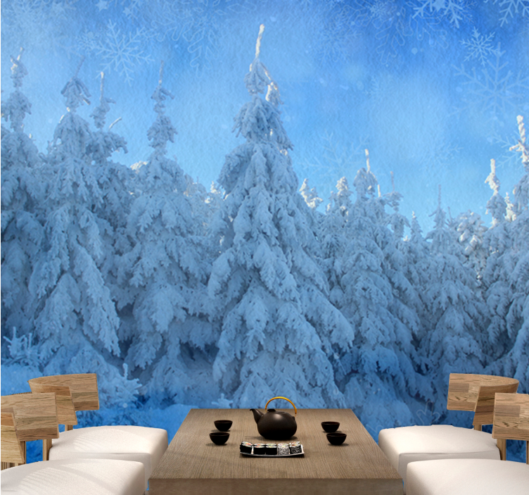 Forest wall mural snowy pine trees - TenStickers