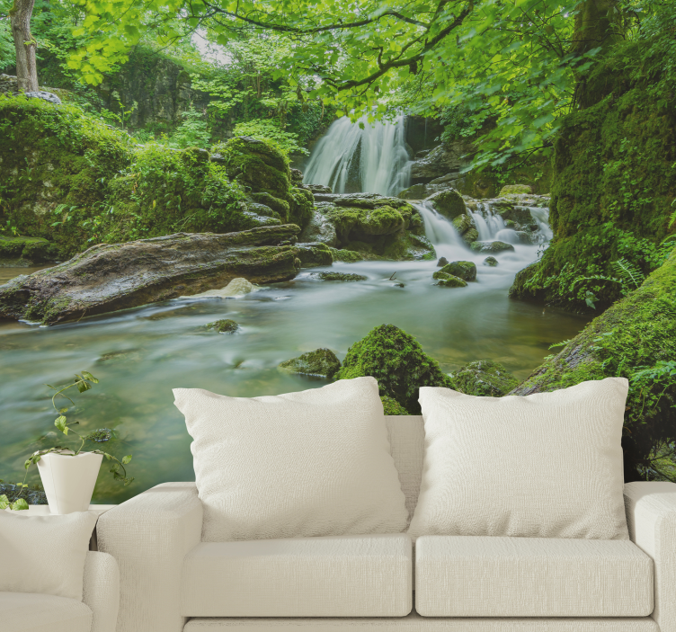 Forest with waterfall and river 3D Wall Mural - TenStickers