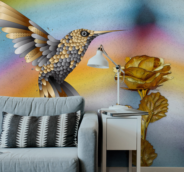 Hummingbirds and gold flowers  modern wall mural - TenStickers