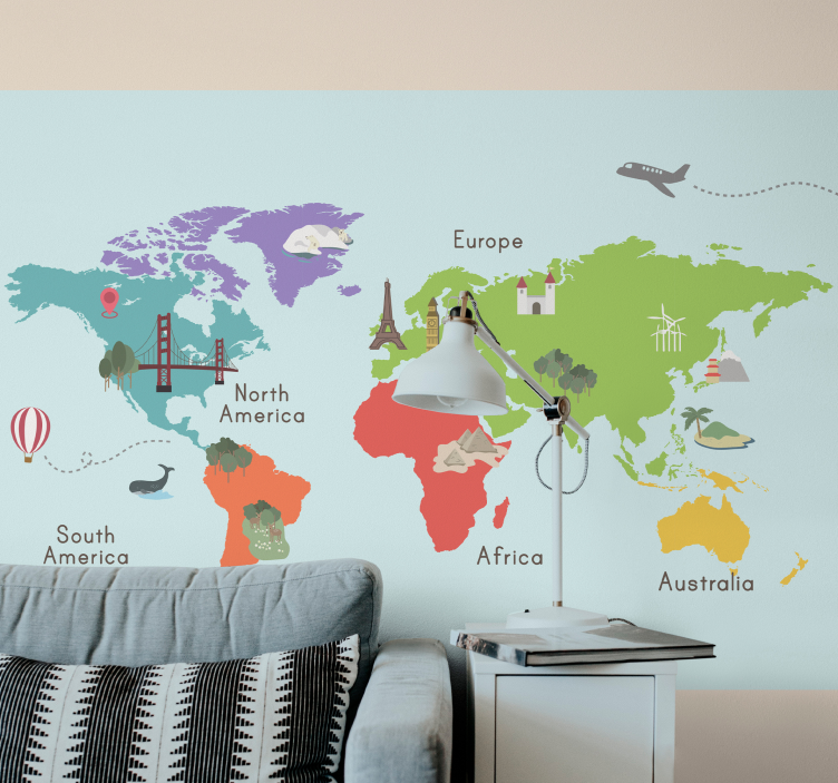 Iconic motifs in 3d world map mural - TenStickers