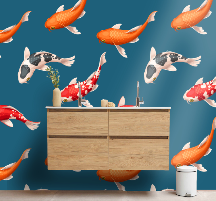 Koi fish pattern blue background Bathroom Mural - TenStickers