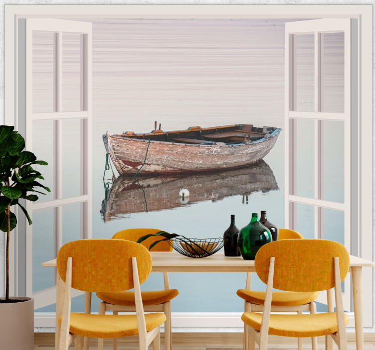 Lake wall mural rustic boat reflection - TenStickers