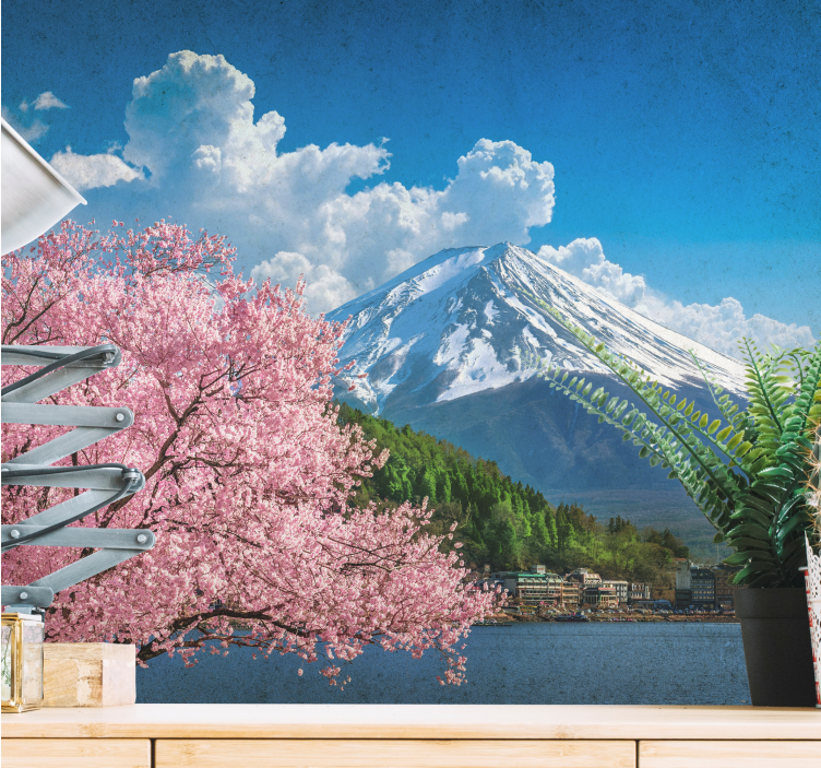 Landscape wall mural mountains and cherry blossoms - TenStickers