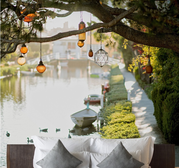 Landscape wall mural secluded waterway lanterns - TenStickers