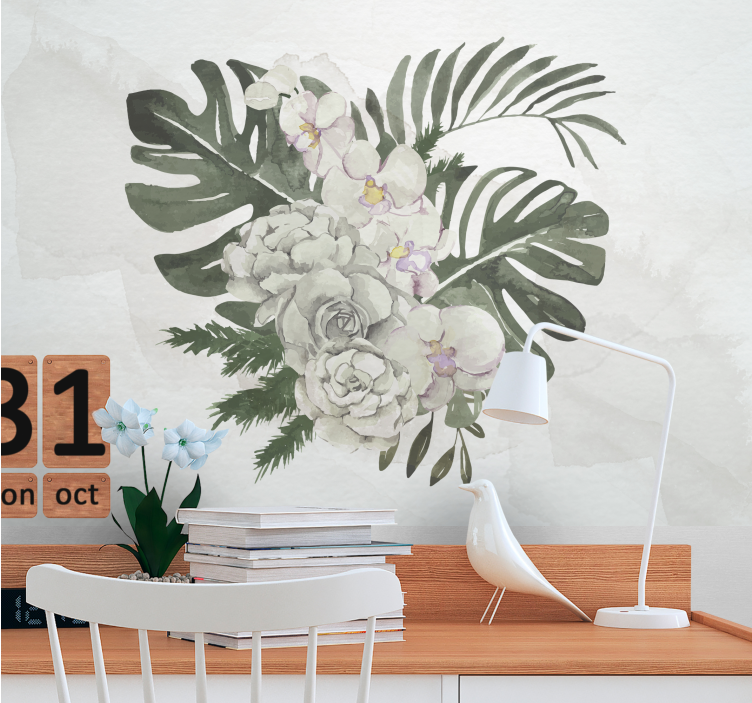 Monstera leaves and white roses wall mural - TenStickers