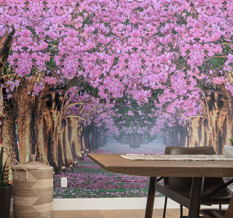 Path with trees and pink flowers Wall Mural - TenStickers