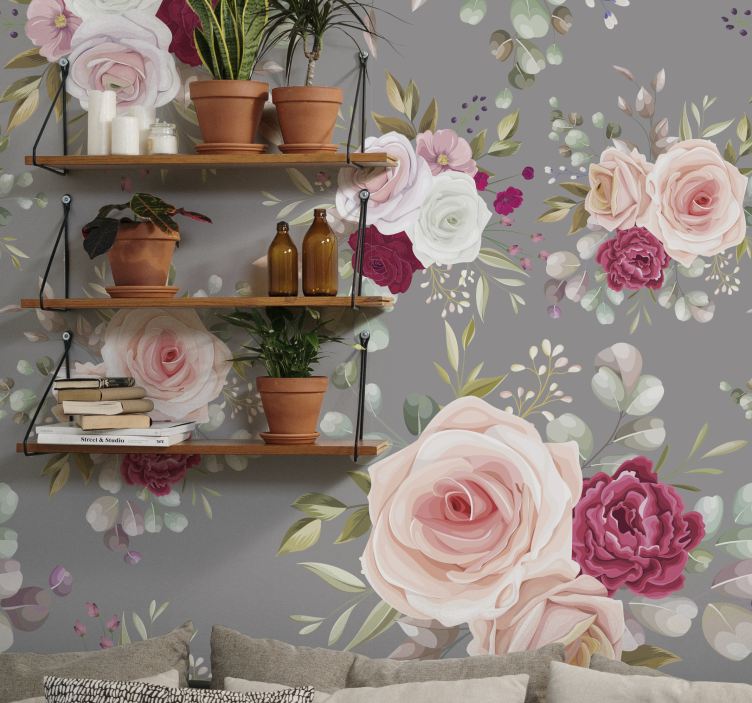 Peacock pink flowers on grey wall mural - TenStickers