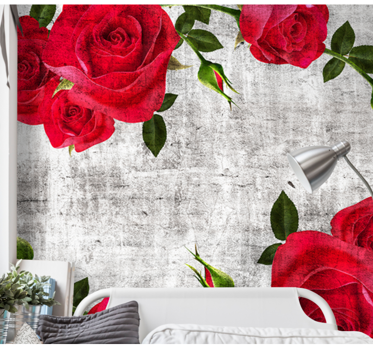 Red roses stone effect wall brick wall mural - TenStickers
