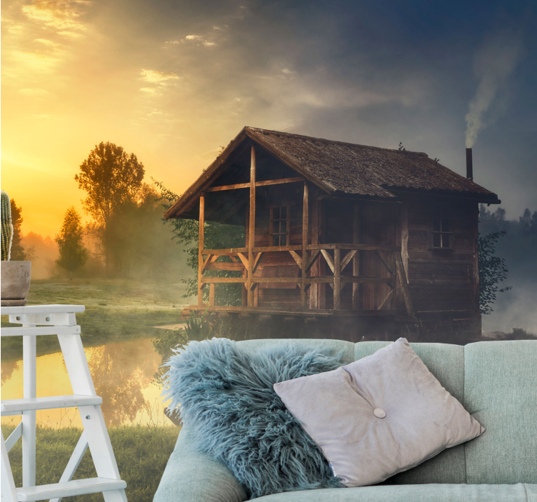 Serene cabin sunset landscape wall mural - TenStickers