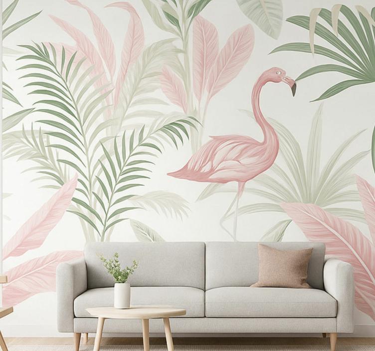Tropical flamingo oasis living room wall mural - TenStickers