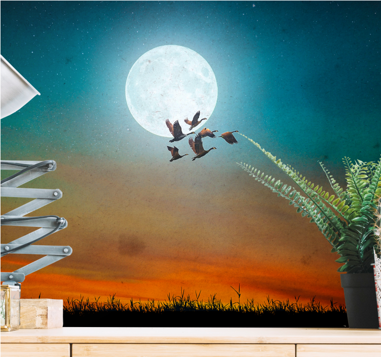 Wall mural nature moonlit sky flock - TenStickers