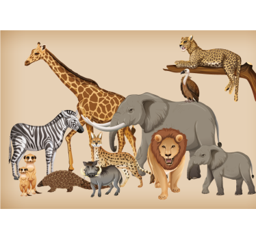 Leopard on tree and different animals mural wallpaper - TenStickers