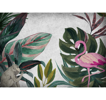 Tropical leafs with monkeys and flamingo nature murals - TenStickers