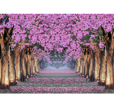 Path with trees and pink flowers forest mural wallpaper - TenStickers