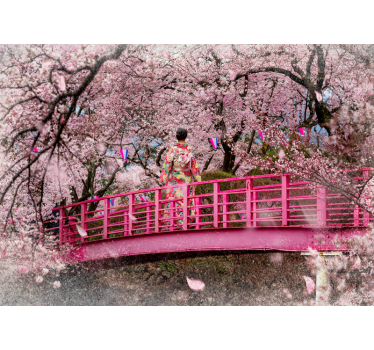 Cherry blossom and a red bridge mural wallpaper - TenStickers