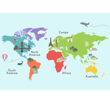Iconic motifs in 3d world map wall mural - TenStickers