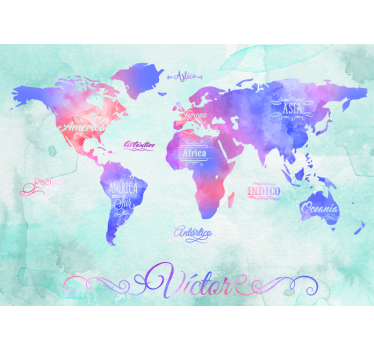 Watercolor continents world map wall mural - TenStickers