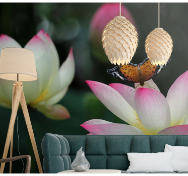 Bright loto flower with butterflies mural wallpaper - TenStickers