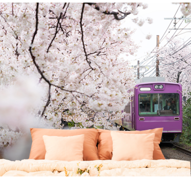 City wall mural cherry blossom train artwork - TenStickers
