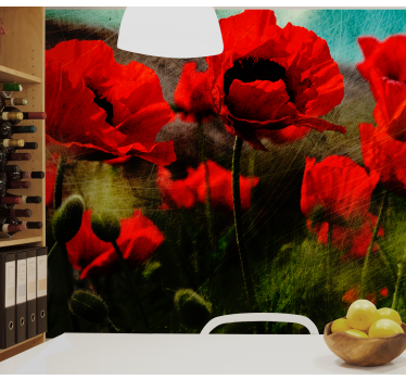 Close up red poppies on grass Wallpaper Photo - TenStickers