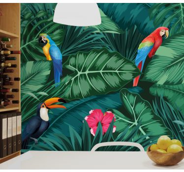 Colorful jungle with parrot forest mural wallpaper - TenStickers