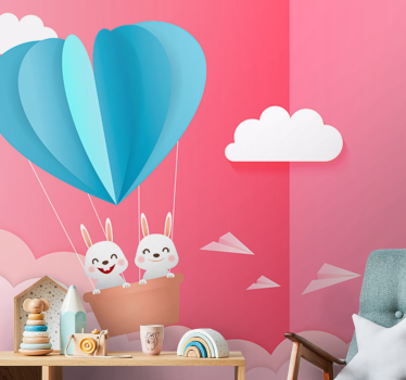 Cute bunny couple in hot air balloon Children Wall Murals - TenStickers