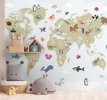 Explorer  with Animals world map wall mural - TenStickers
