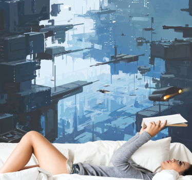 Futuristic city with spaceships modern mural wallpaper - TenStickers
