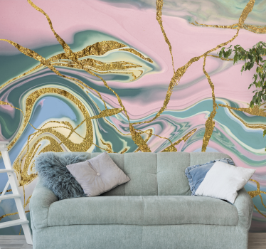 Gold print blue marble texture wall mural wallpaper - TenStickers