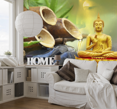 Golden Buddha with water feature Buddha Wall Mural - TenStickers