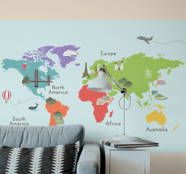 Iconic motifs in 3d world map wall mural - TenStickers