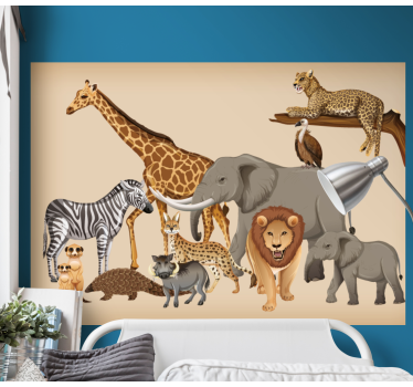 Leopard on tree and different animals mural wallpaper - TenStickers