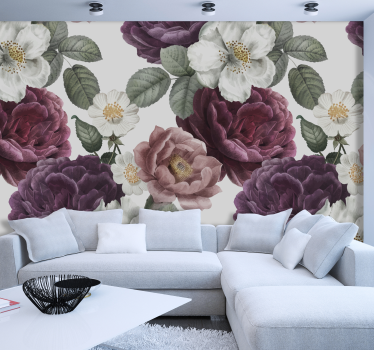 pink Rose and peony on black wallmural mural wallpaper - TenStickers
