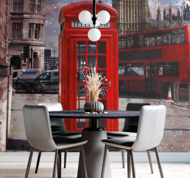 Red bus telephone booth  london skyline mural - TenStickers