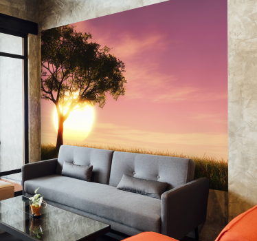Sunset over a field landscape wall mural - TenStickers