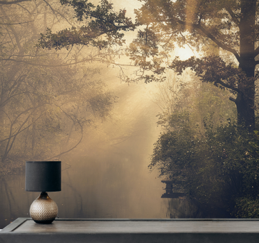 Tall green trees with solar flare forest mural wallpaper - TenStickers