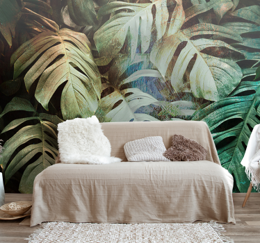 Tropical green leaves living room mural - TenStickers