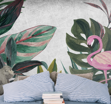 Tropical leafs with monkeys and flamingo nature murals - TenStickers