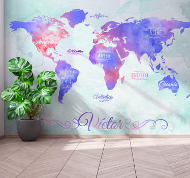 Watercolor continents world map wall mural - TenStickers