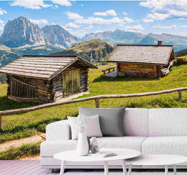 Wooden cottage in the forest mountain mural - TenStickers